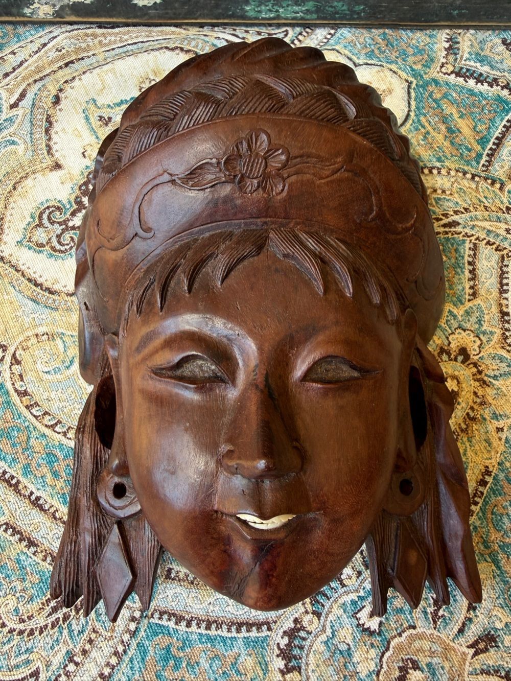 Hand Carved Wood Female Wall Mask Folk Art Sculpture Balinese Style 9” Vintage